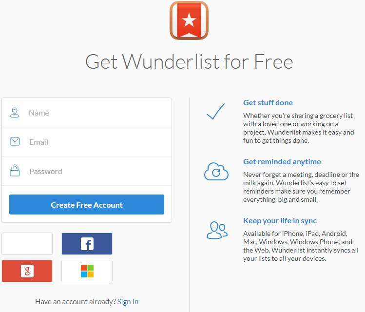 شرح كيفية إنشاء حساب جديد في موقع Wunderlist
